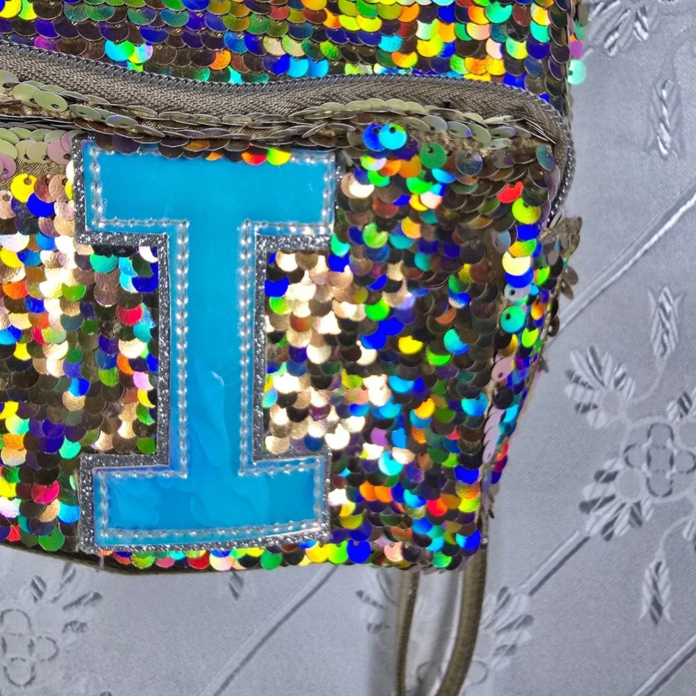 Justice Kids Unicorn Sequin Backpack I‎ Initial, Pompom, Rainbow, Color Changing